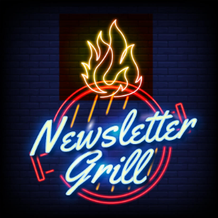 Neon sign for Newsletter Grill with flames and circular design.